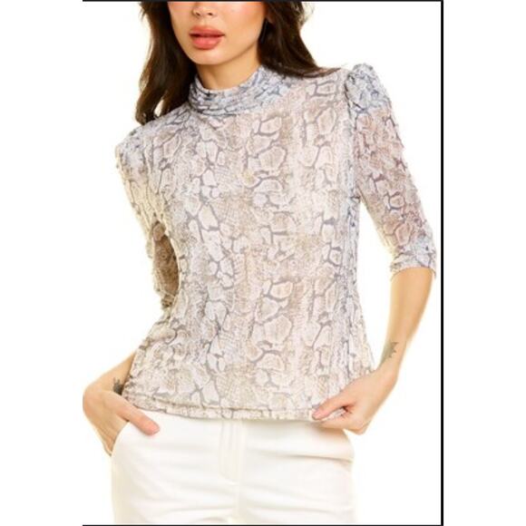Live and Let Live Blouse Top Mesh Sheer Knit Puff Sleeve Snake Print XL Neutral - Picture 1 of 13